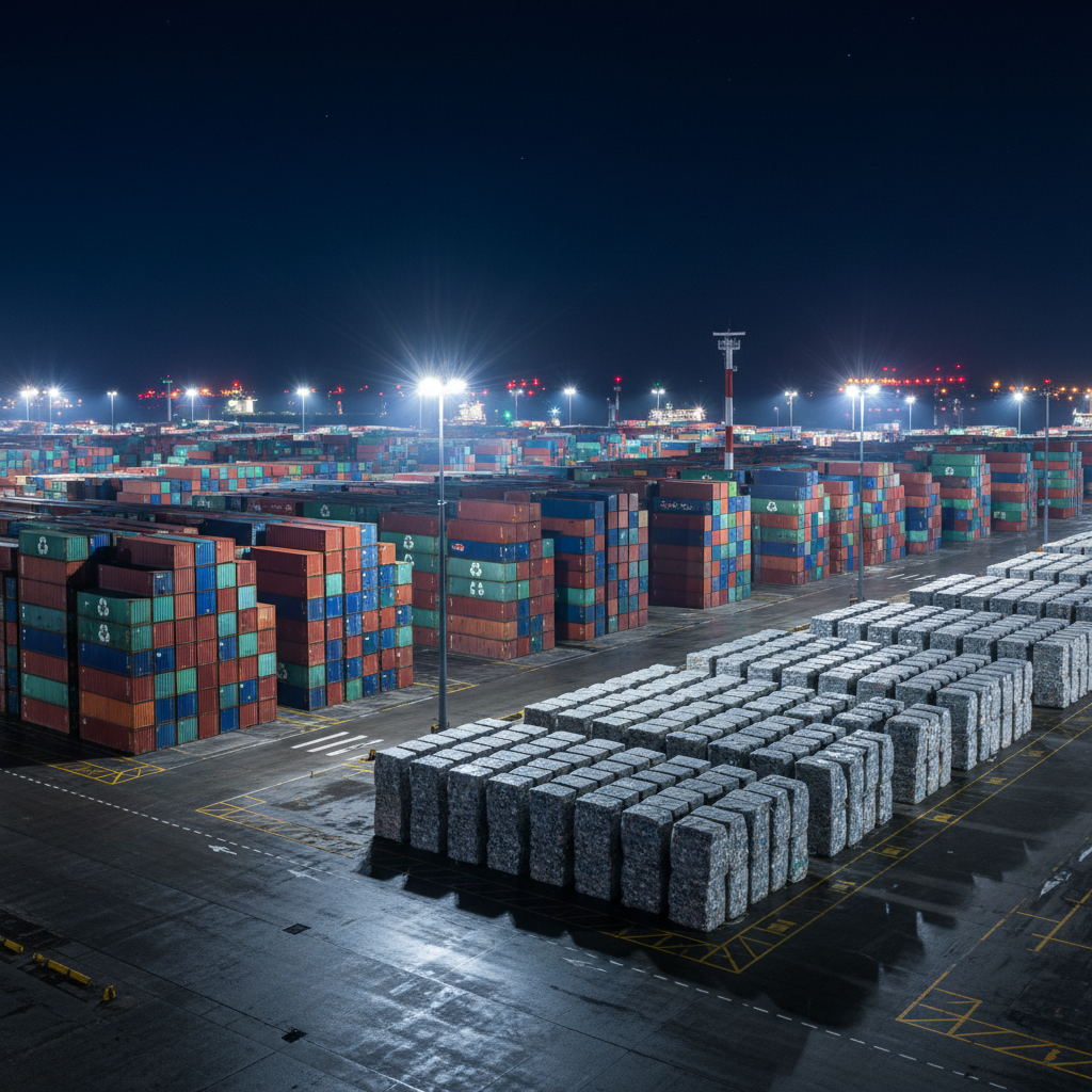 A nighttime photographic view of a sprawling non-European port terminal specializing in imported plastic waste, shot from an elevated vantage point. Rows of multicolored shipping containers marked with recycling symbols are stacked beside orderly grids of shrink-wrapped plastic waste bales on the asphalt. Cool white floodlights cast sharp, directional beams, creating dramatic shadows between stacks and reflections on wet ground from a recent rain. A radar mast and distant cargo ships form a faint horizon under a deep indigo sky. The composition uses leading lines from painted lane markings to guide the eye through the scene, with high clarity and controlled contrast. The atmosphere is calm, technical, and data-driven, emphasizing global logistics and traceability of plastic waste flows beyond the European Union in a precise, professional style.
