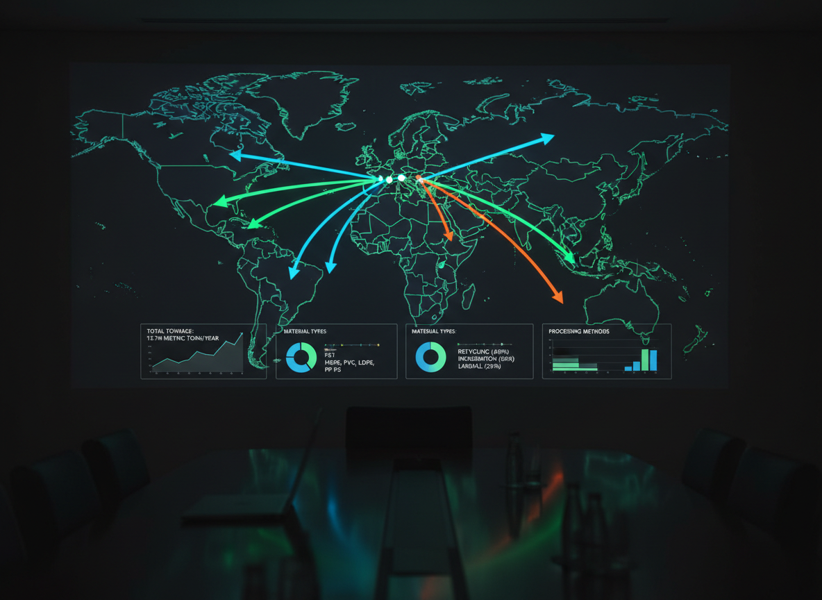 An overhead photographic view of a large digital dashboard projected onto a smooth, dark wall, visualizing plastic waste flows outside the European Union. Bright, clean infographics show color-coded arrows connecting EU member states to non-European regions on a simplified world map. Surrounding panels display key metrics: tonnage, material types, and processing methods, each in minimal, professional typography. The room itself is dim, with the projection providing the primary light source, casting a gentle glow onto a sleek conference table and a closed laptop in the foreground. Shot from a slightly raised angle, the composition emphasizes the clarity of data and geographic routes, with rich contrast between the luminous graphics and the dark surroundings. The mood is analytical, focused, and authoritative, reinforcing the educational purpose of tracking and understanding global plastic waste streams.