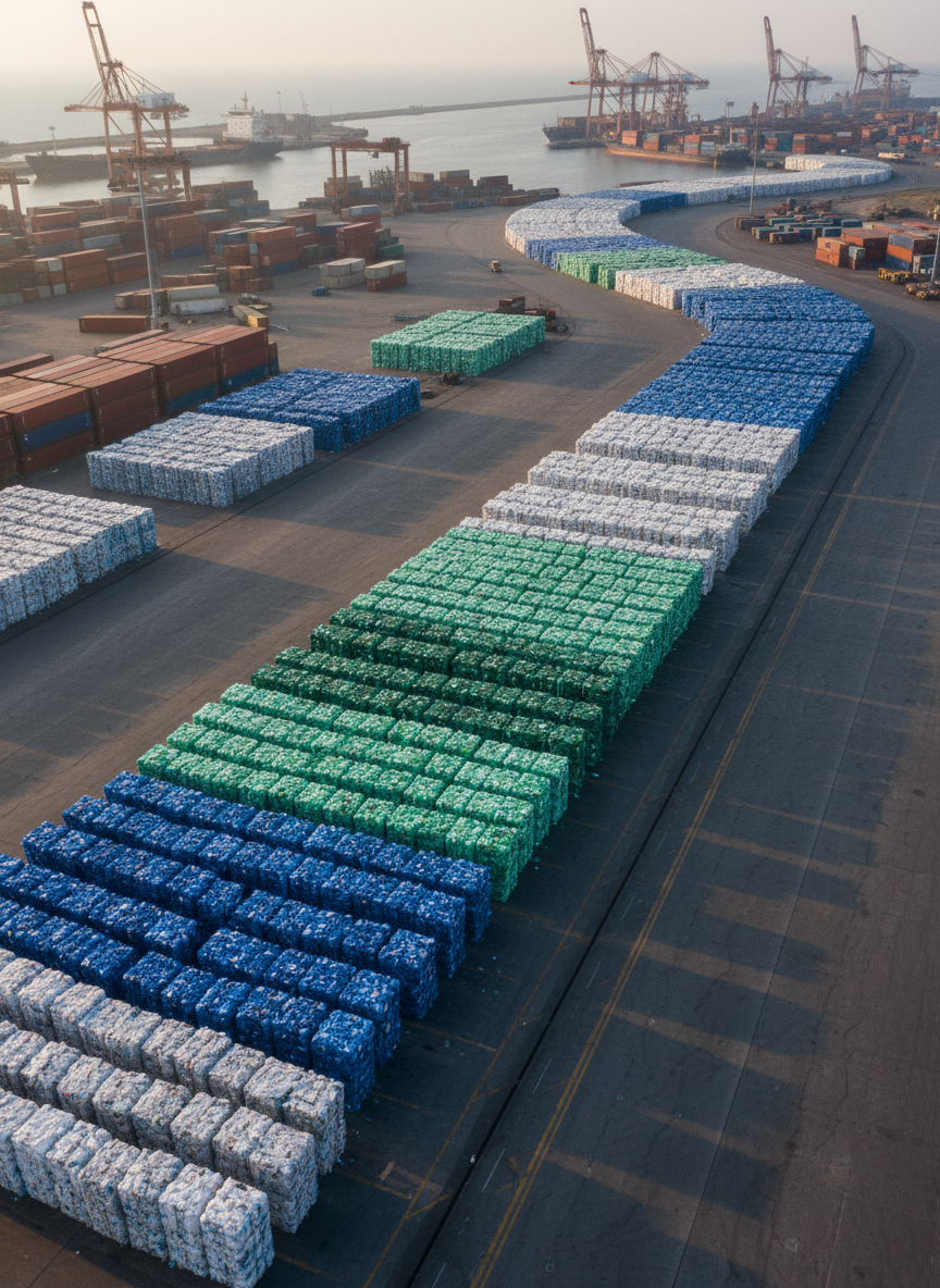 A vast mountainous landscape of a developing coastal region, photographed from a high aerial perspective, showing a winding river of mixed plastic waste bales stacked in orderly rows on a concrete export yard near a harbor. Color-coded pallets of compacted bottles, film, and mixed plastics form distinct bands of blue, green, and translucent white. In the distance, rusted shipping containers and cranes line a hazy shoreline. Soft late-afternoon sunlight creates long, precise shadows and highlights the textures of crushed plastic surfaces. The composition follows the river of waste diagonally through the frame, with sharp focus throughout. The mood is analytical and professional, emphasizing scale and logistics rather than drama. The style is clean photographic realism suitable for an educational site about plastic waste flows beyond the European Union.