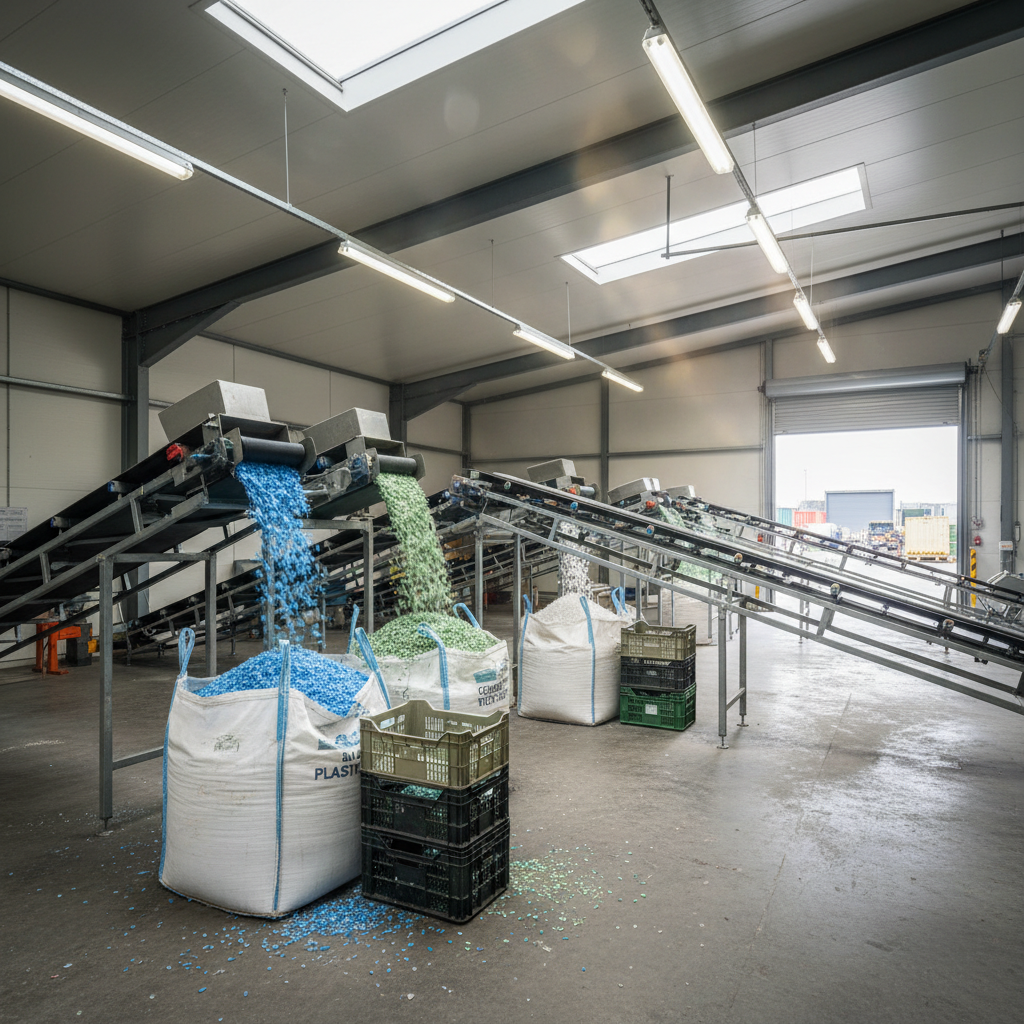An interior photographic scene of a small non-European recycling facility’s sorting hall, devoid of workers, with multiple conveyor belts carrying streams of colored plastic fragments. Blue, green, and clear flakes cascade from chutes into labeled bulk bags and worn plastic crates. The concrete floor is clean but scuffed, with a few stray pieces of plastic reflecting light. Overhead fluorescent fixtures provide even, cool illumination, interspersed with skylights that introduce pockets of soft natural daylight, creating subtle highlights on metal surfaces. Captured from a slightly elevated angle, the composition leads the eye along the conveyors toward a large open doorway revealing a bright exterior yard. The mood is methodical and educational, emphasizing process, machinery, and material flows with crisp photographic realism and a modern documentary aesthetic.
