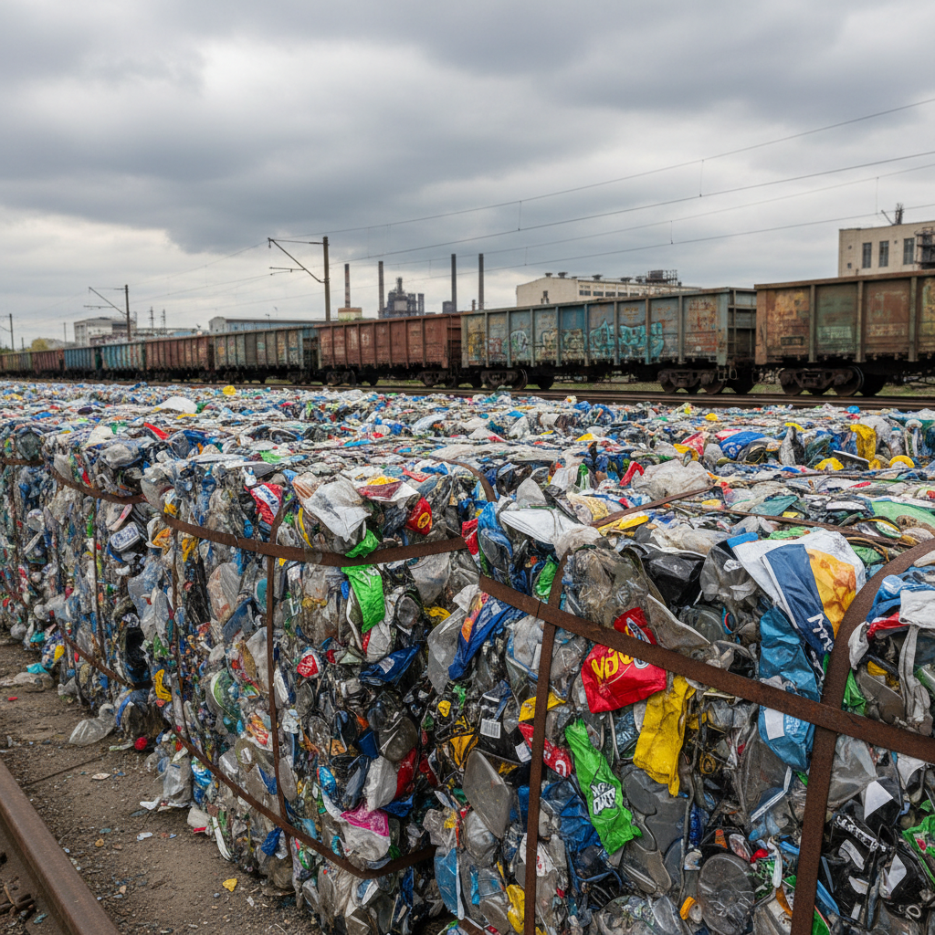 A close-up photographic view of neatly stacked plastic waste bales arranged along a rail siding in a non-European industrial zone. The bales contain recognizable fragments of branded packaging, colored film, and transparent bottles, tightly compressed and bound with rusted metal straps. Behind them, faded freight train wagons and distant factory silhouettes sit under an overcast sky. Diffused, cloud-filtered daylight softens contrasts while still revealing the fine textures of crumpled plastic and chipped paint. Shot at eye level with a moderate depth of field, the nearest bale in crisp focus and the industrial background gently blurred. The composition is balanced and documentary, conveying a professional, informative mood that highlights the complexity of plastic export streams and their destinations outside the EU.