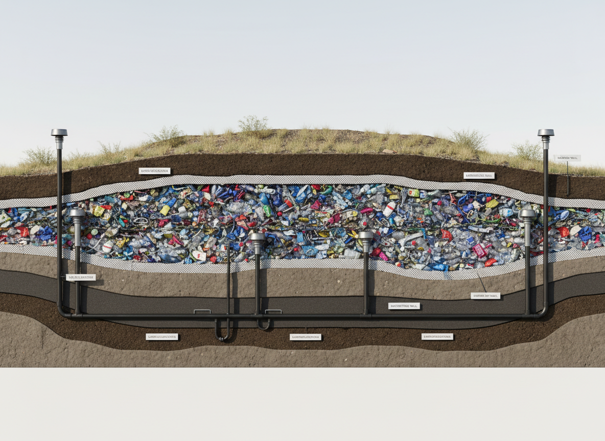 A cross-sectional, photographic-style cutaway of a modern engineered landfill cell in a non-European country receiving imported plastic waste. The scene shows layers of compacted waste with a clearly visible strata of colorful plastic packaging, films, and bottles sandwiched between soil and geotextile membranes. Leachate collection pipes, gas vents, and monitoring wells are cleanly exposed in the cutaway, each neatly labeled on small, unobtrusive signboards. Above ground, the landfill surface is covered with a thin layer of soil and sparse vegetation under diffuse afternoon light. The image is lit like a studio technical illustration, with even, soft lighting and high clarity across the frame. The composition is straight-on and symmetrical, conveying a calm, analytical mood and emphasizing environmental engineering and the end point of certain plastic waste streams exported beyond the European Union.
